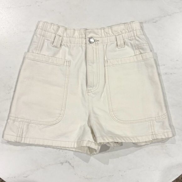 Zara Denim Shorts Patch Pocket Paper Bag Bermuda Mom Jean White High Rise Sz 2 - Picture 2 of 6